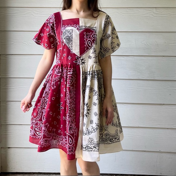 Vintage Dresses & Skirts - Handmade Bandana Dress/Maroon Beige/Heart SKU 4492